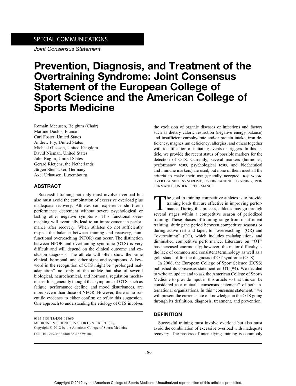 Prevention, Diagnosis, and Treatment of the Overtraining Syndrome