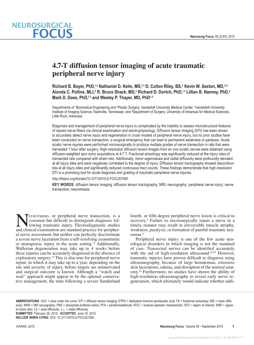 4.7-T Diffusion Tensor Imaging of Acute Traumatic Peripheral Nerve Injury