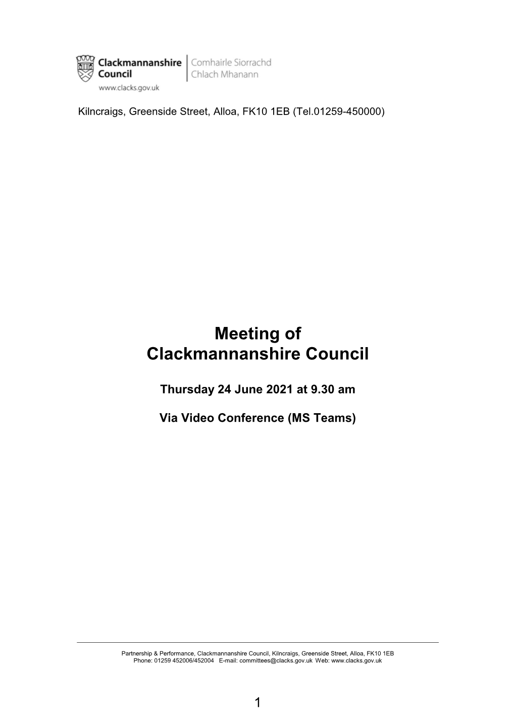 Agenda for Meeting of Clackmannanshire