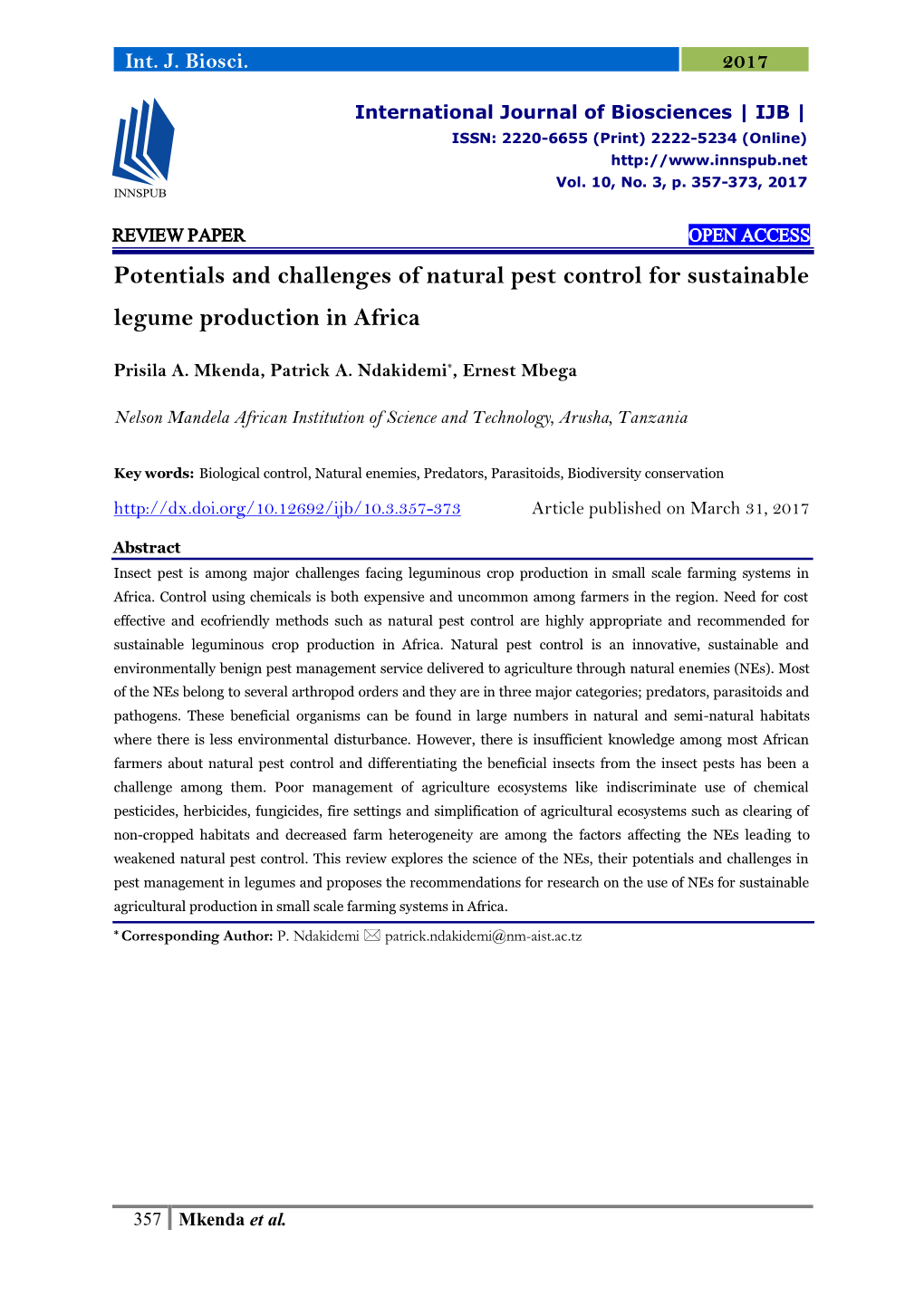 Potentials and Challenges of Natural Pest Control for Sustainable Legume Production in Africa