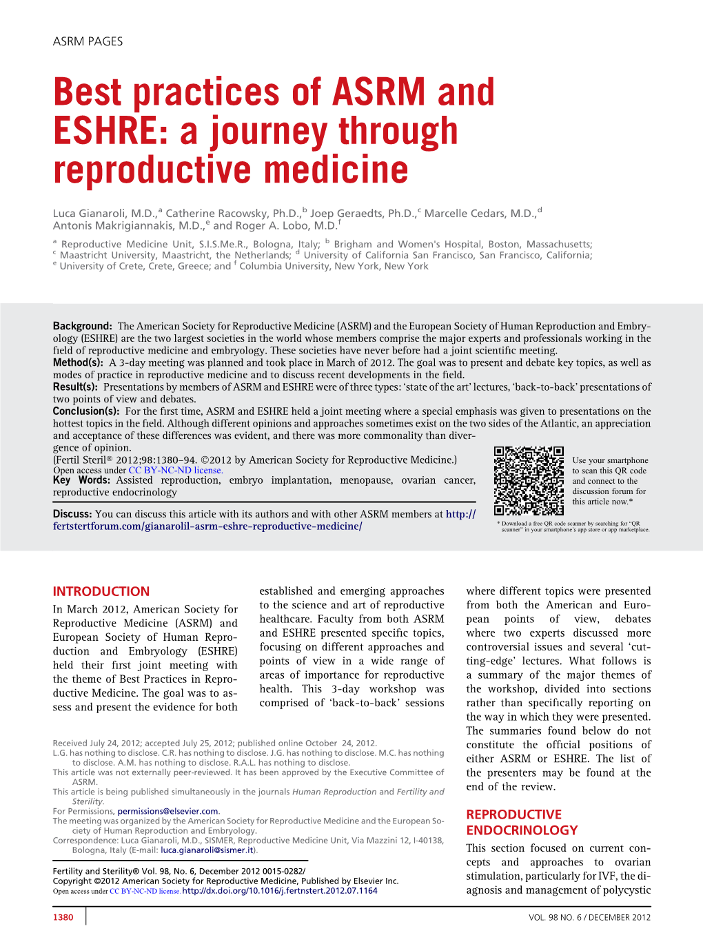 Best Practices of ASRM and ESHRE: a Journey Through Reproductive Medicine
