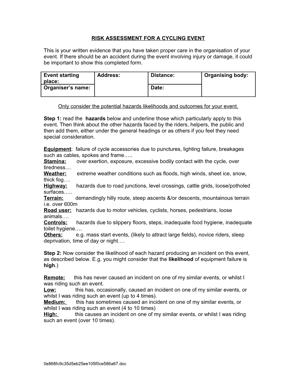 Risk Assessment for a Cycling Event