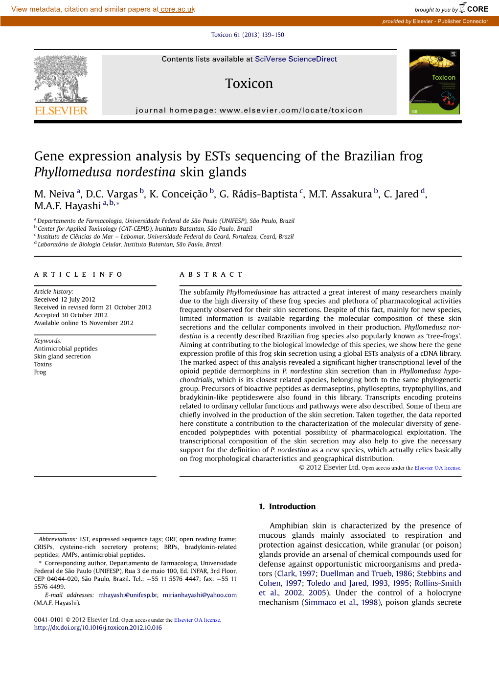 Gene Expression Analysis by Ests Sequencing of the Brazilian Frog Phyllomedusa Nordestina Skin Glands