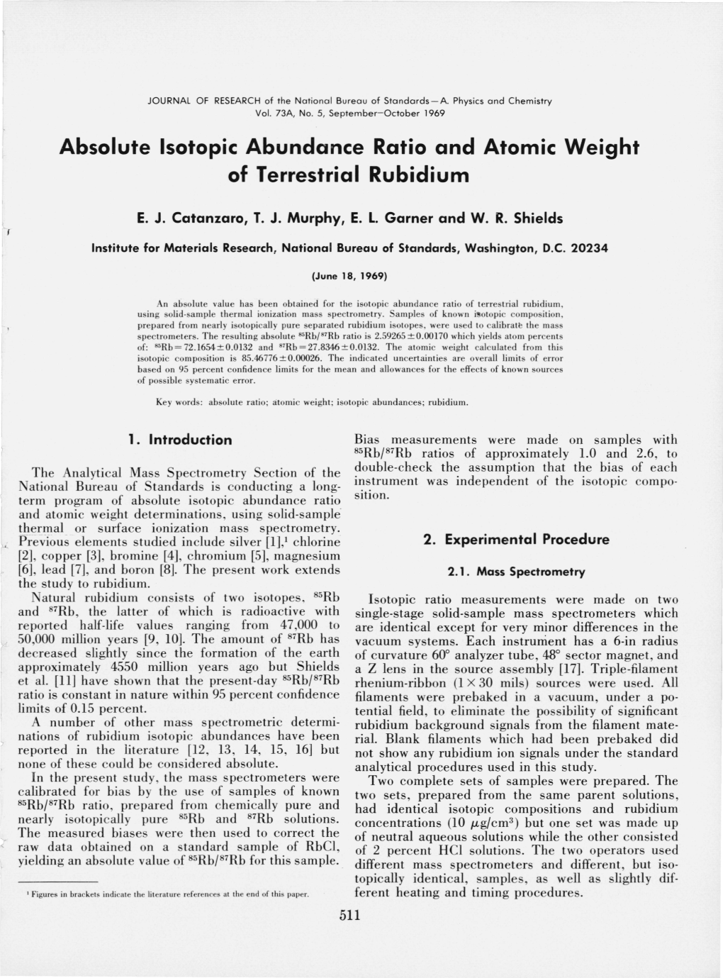 Absolute Isotopic Abundance Ratio and Atomic Weight of Terrestrial Rubidium