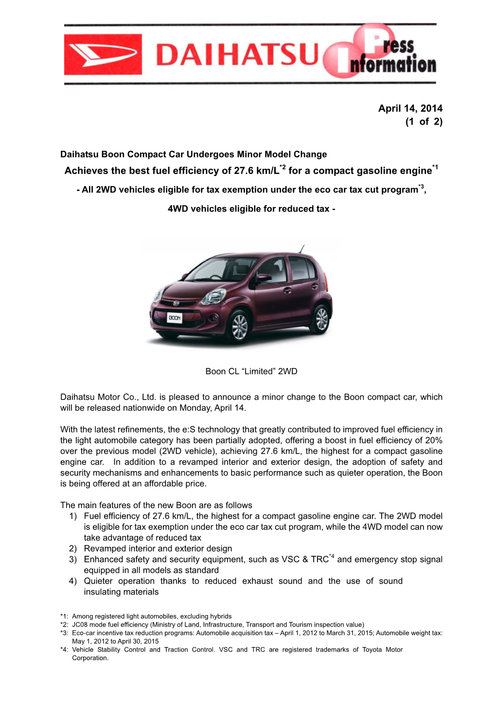 Apr. 14, 2014 Products & Technology Daihatsu Boon Compact Car