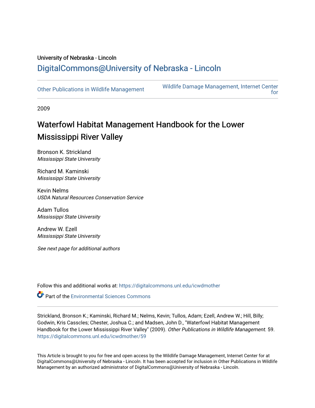 Waterfowl Habitat Management Handbook for the Lower Mississippi River Valley