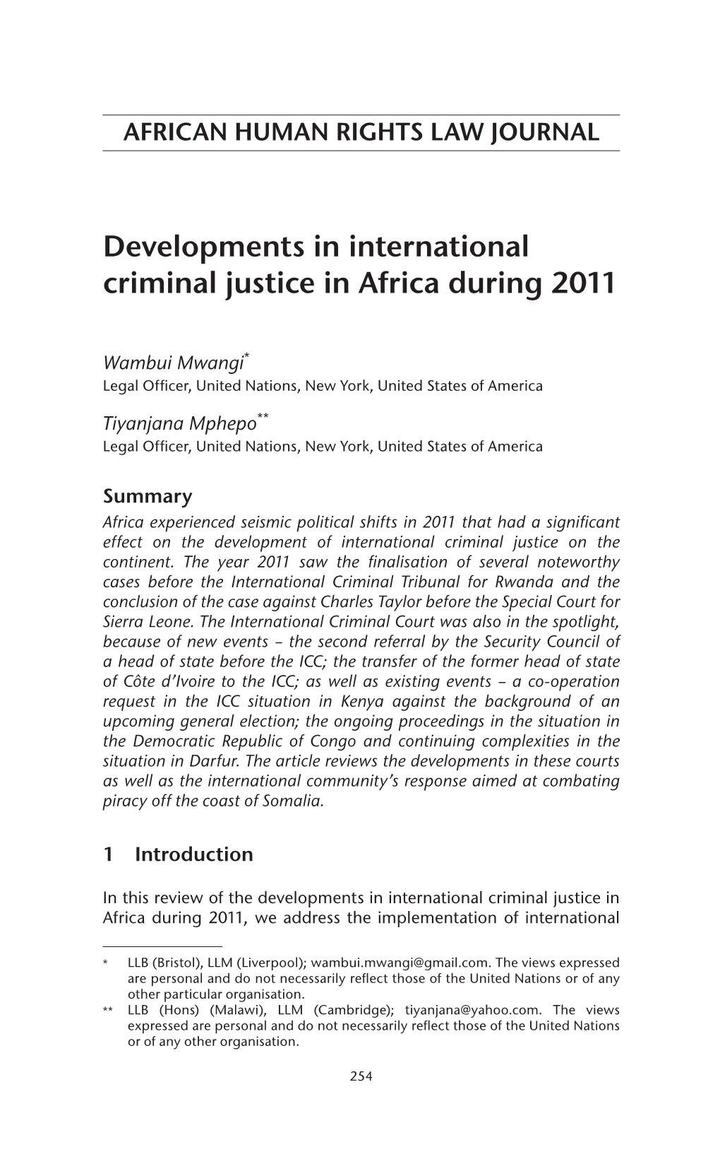 Developments in International Criminal Justice in Africa During 2011