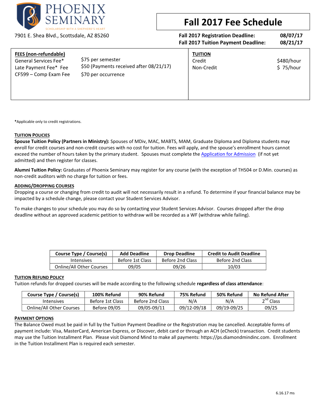 Phoenix Seminary Course Schedule