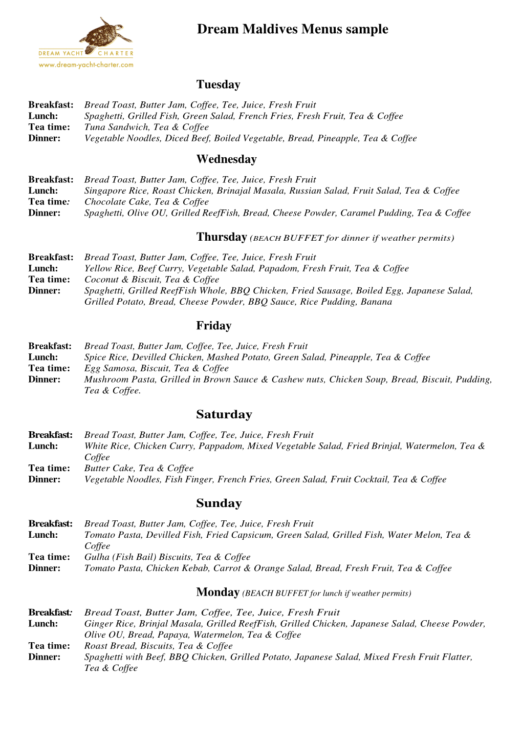 Dream Maldives Menus Sample