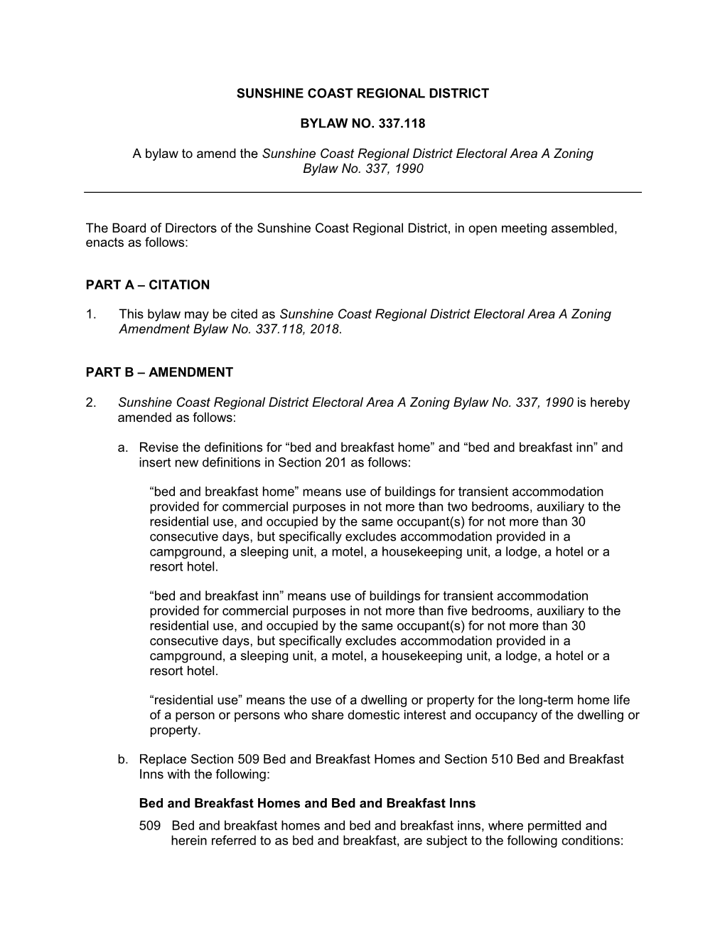 Sunshine Coast Regional District Bylaw No. 337.118 A