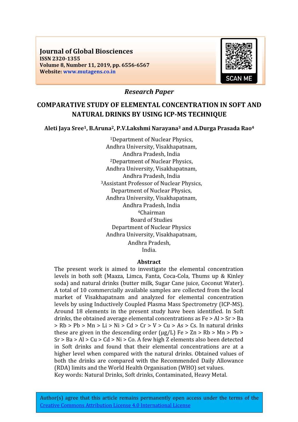 Research Paper COMPARATIVE STUDY of ELEMENTAL CONCENTRATION in SOFT and NATURAL DRINKS by USING ICP-MS TECHNIQUE