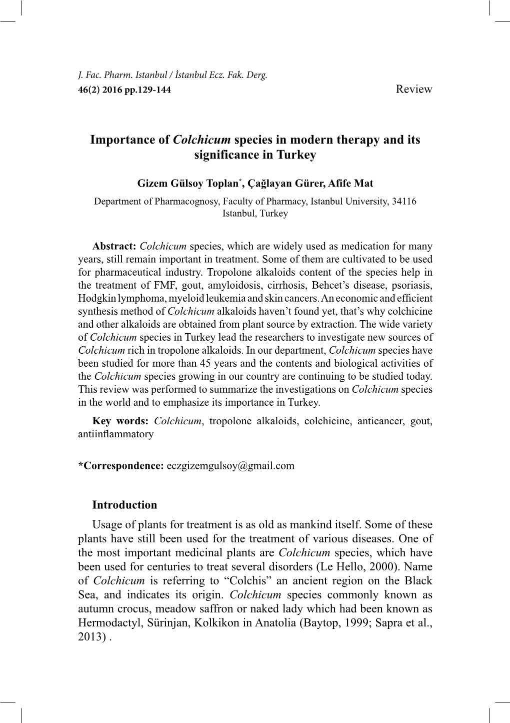 Importance of Colchicum Species in Modern Therapy and Its Significance in Turkey