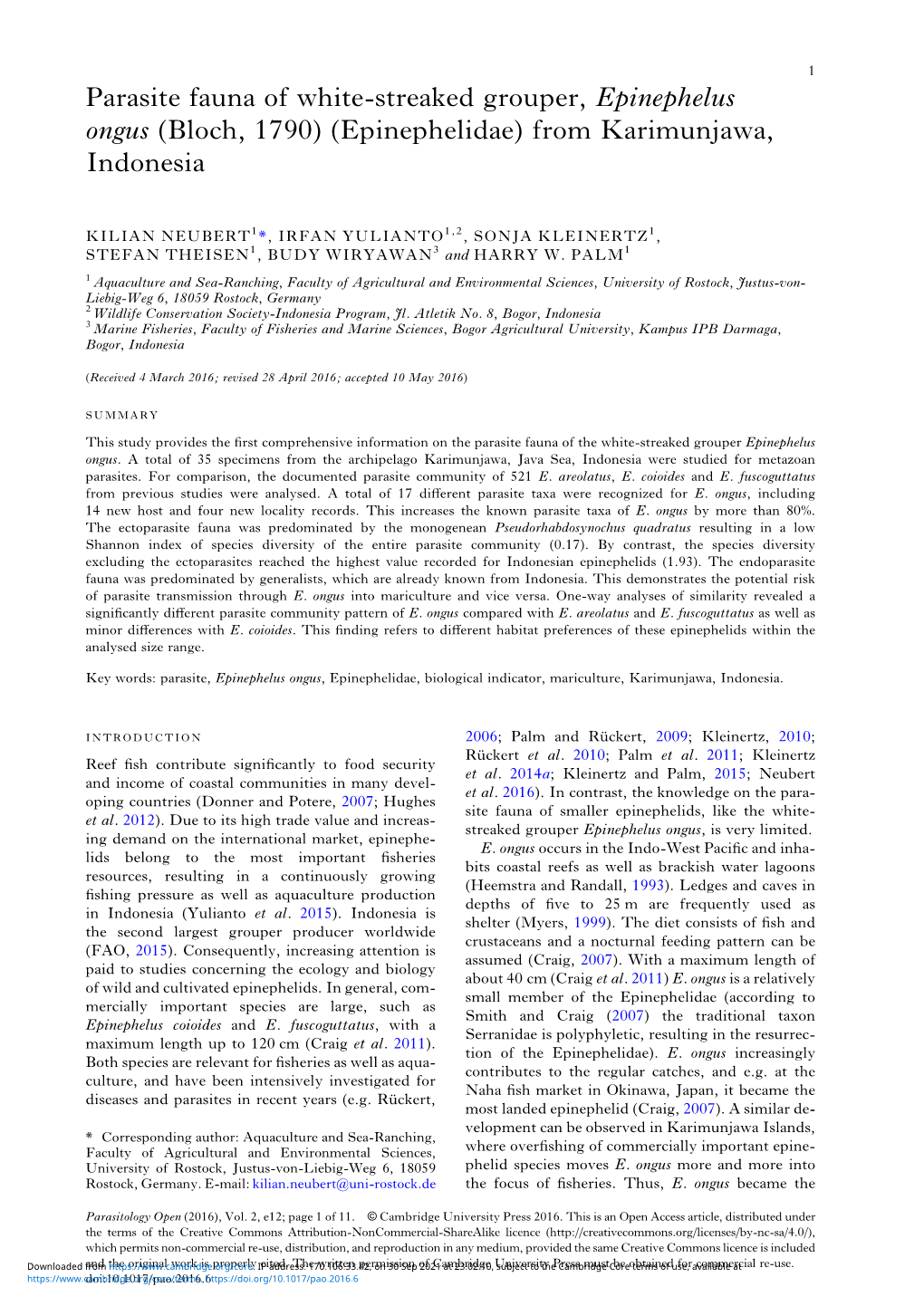 Parasite Fauna of White-Streaked Grouper, Epinephelus Ongus (Bloch, 1790) (Epinephelidae) from Karimunjawa, Indonesia