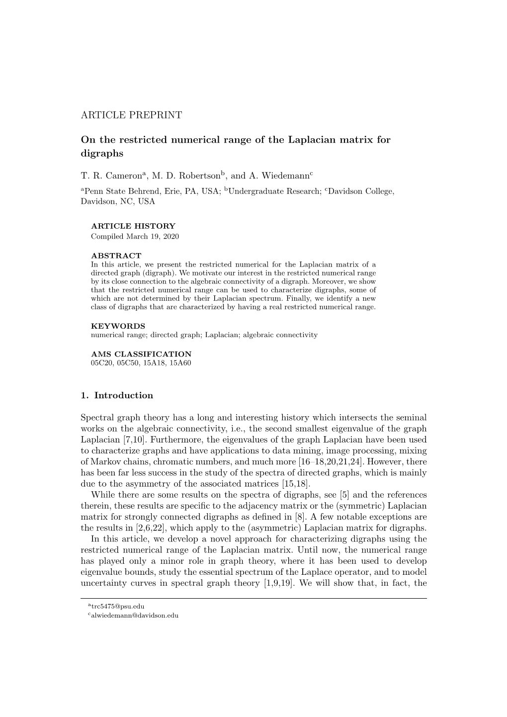 ARTICLE PREPRINT on the Restricted Numerical Range of the Laplacian