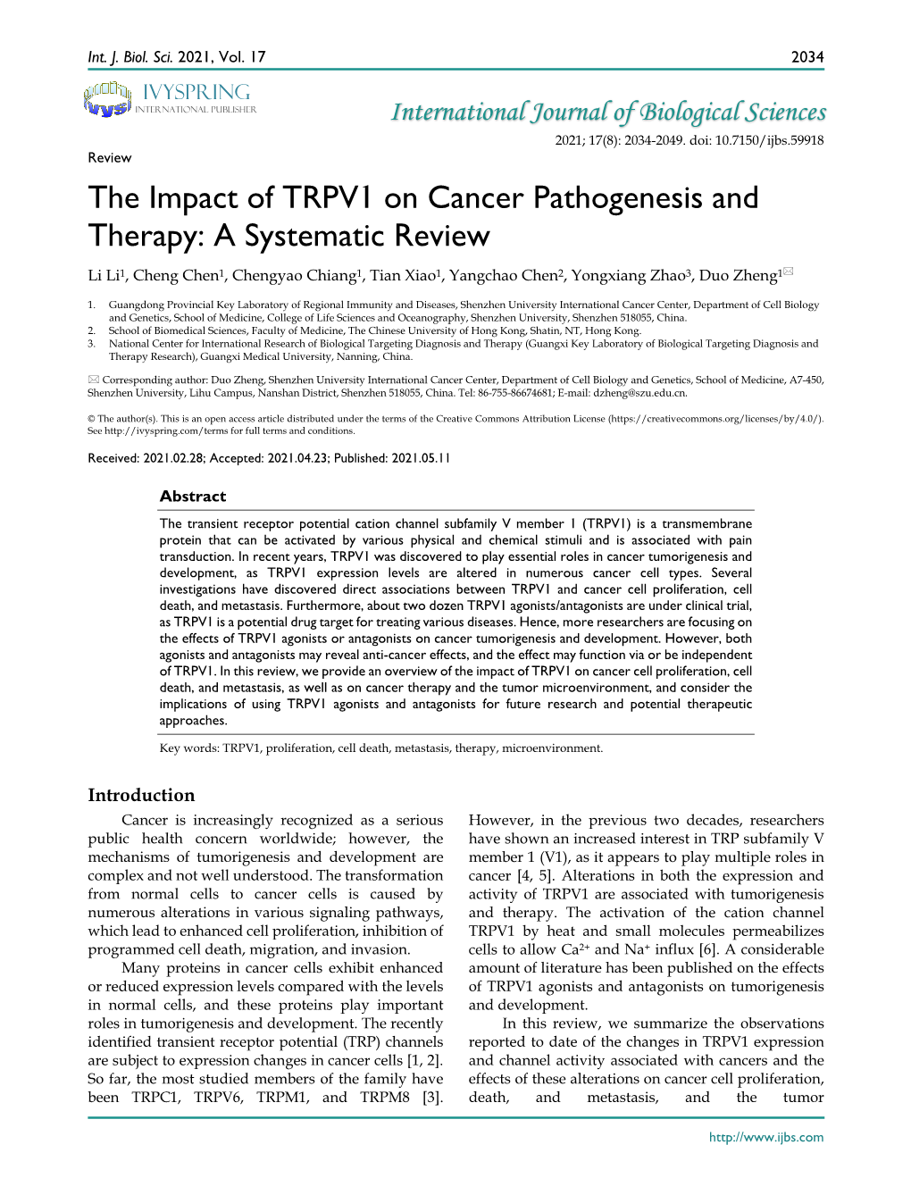 The Impact of TRPV1 on Cancer Pathogenesis and Therapy: A