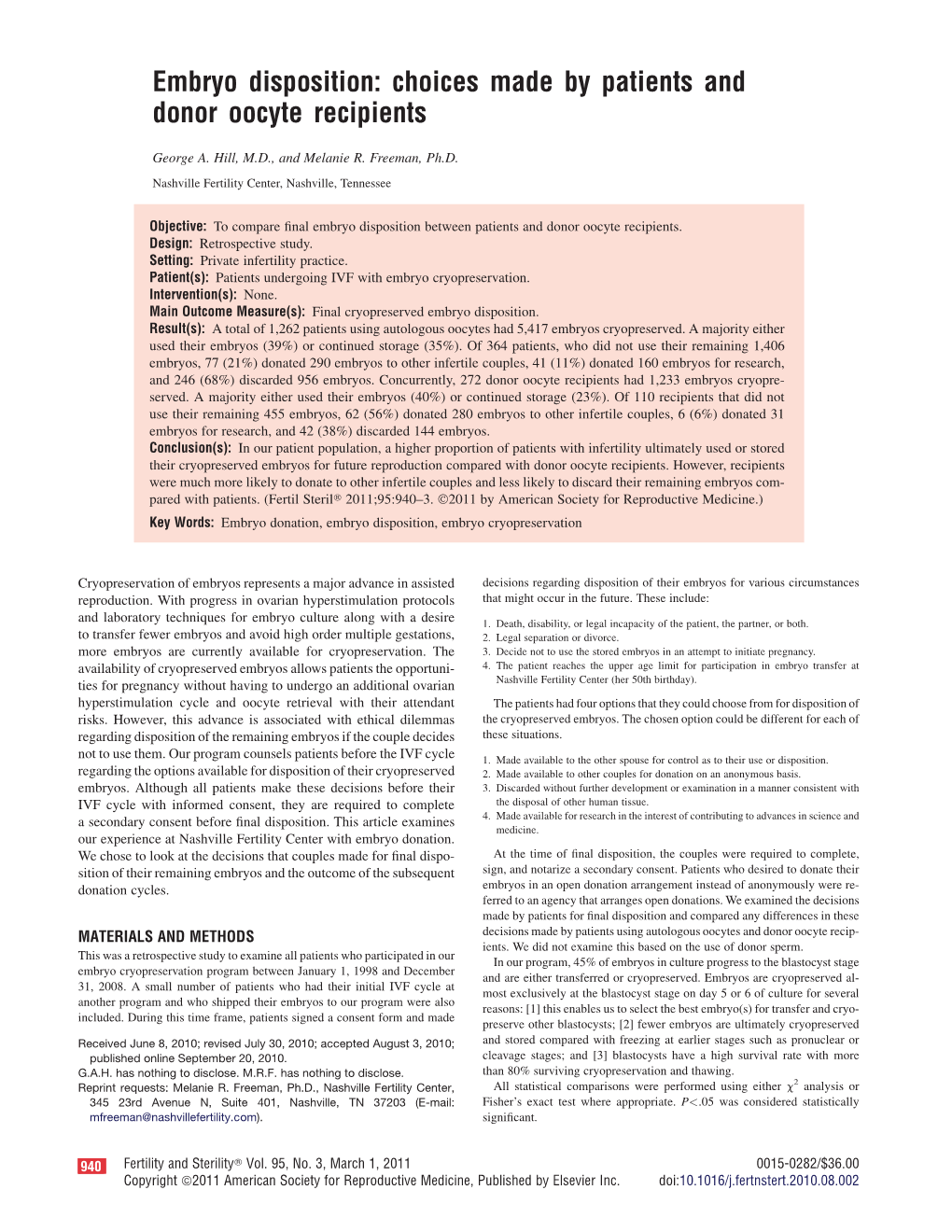 Embryo Disposition: Choices Made by Patients and Donor Oocyte Recipients