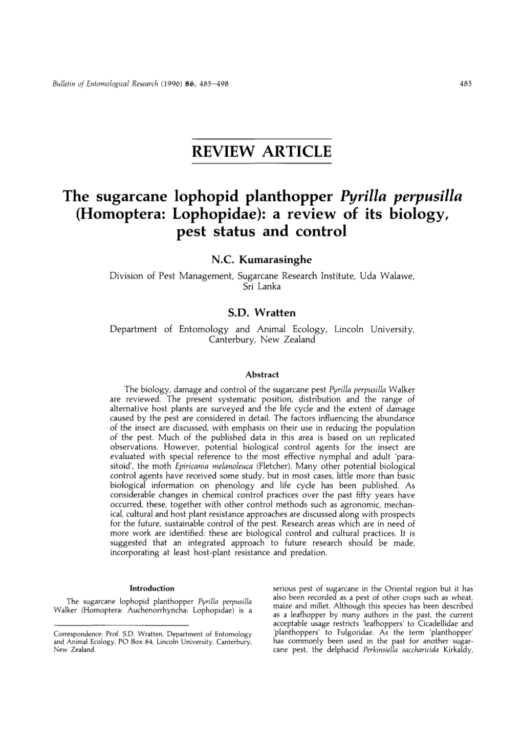 The Sugarcane Lophopid Planthopper Pyrilla Perpusilla (Homoptera: Lophopidae): a Review of Its Biology, Pest Status and Control