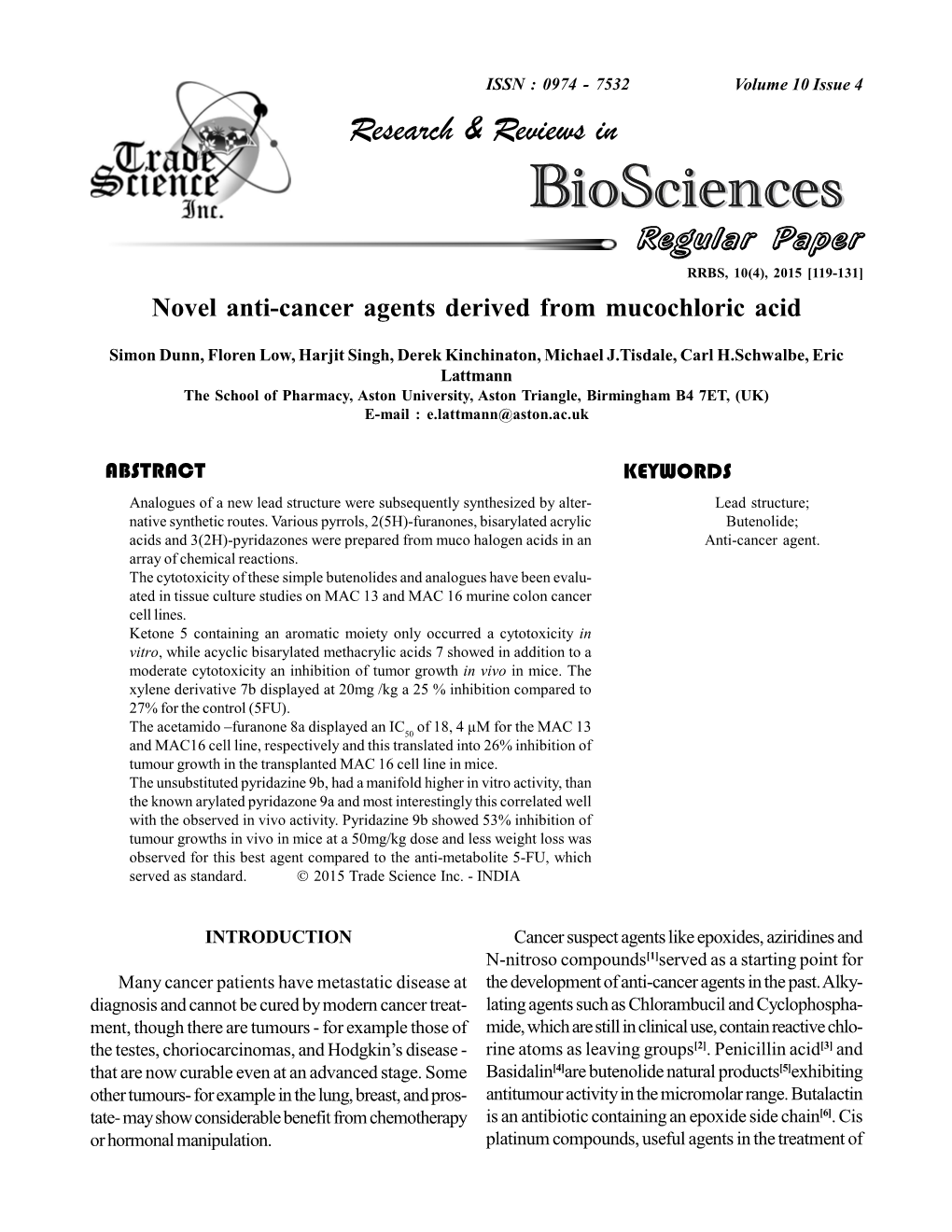 Novel Anti-Cancer Agents Derived from Mucochloric Acid