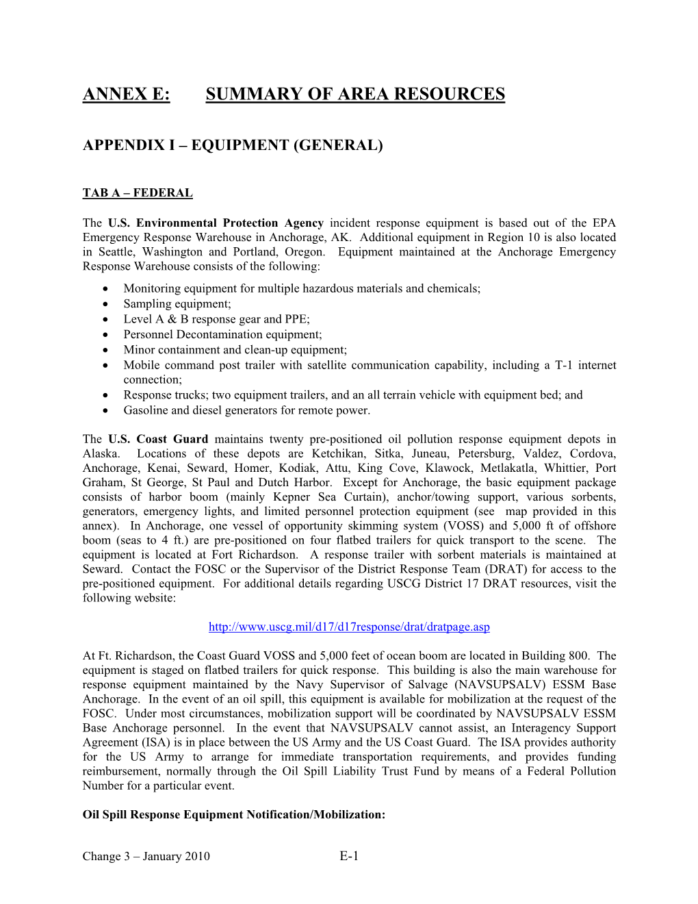 Annex E: Summary of Area Resources
