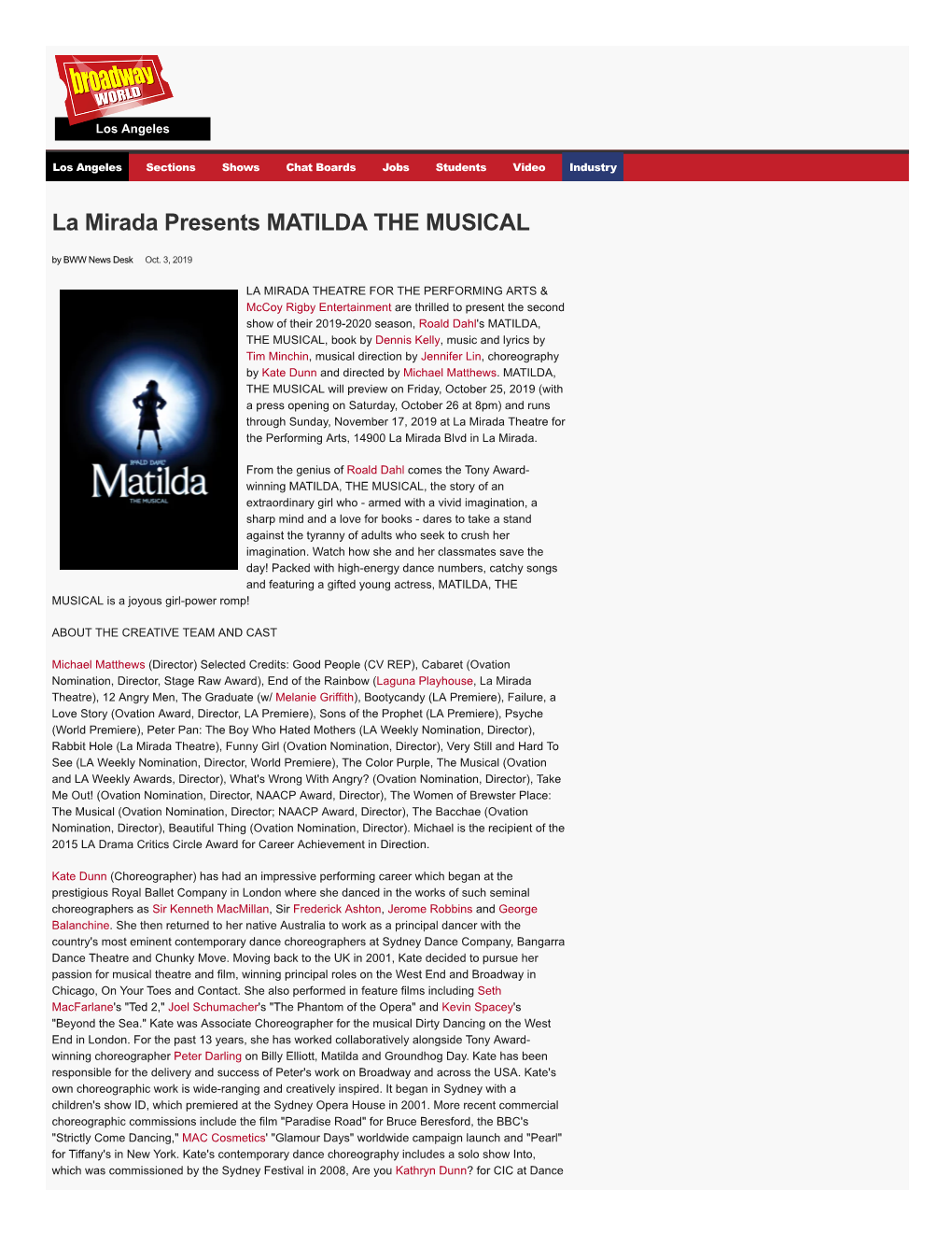 La Mirada Presents MATILDA the MUSICAL by BWW News Desk Oct