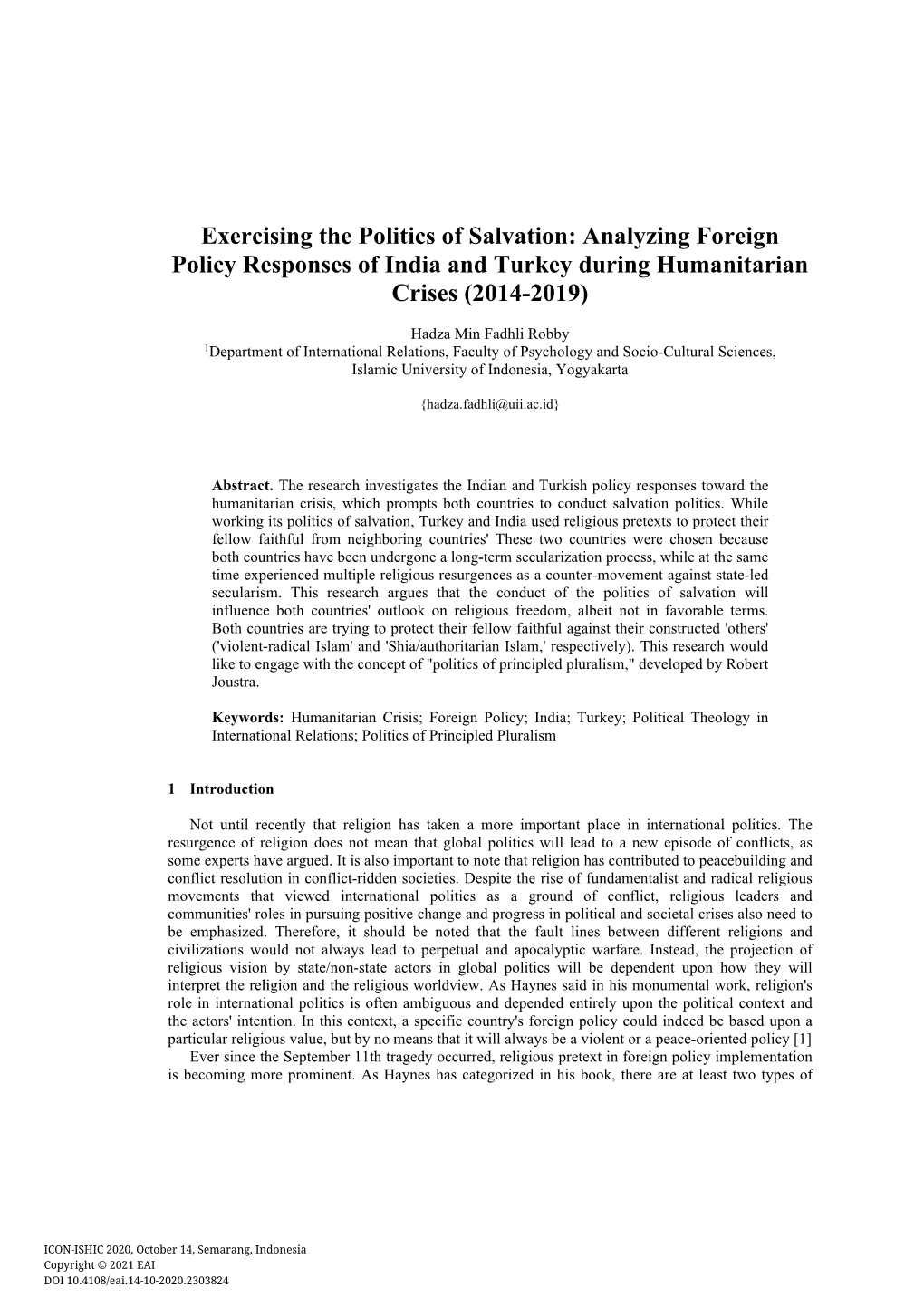 Exercising the Politics of Salvation: Analyzing Foreign Policy Responses of India and Turkey During Humanitarian Crises (2014-2019)