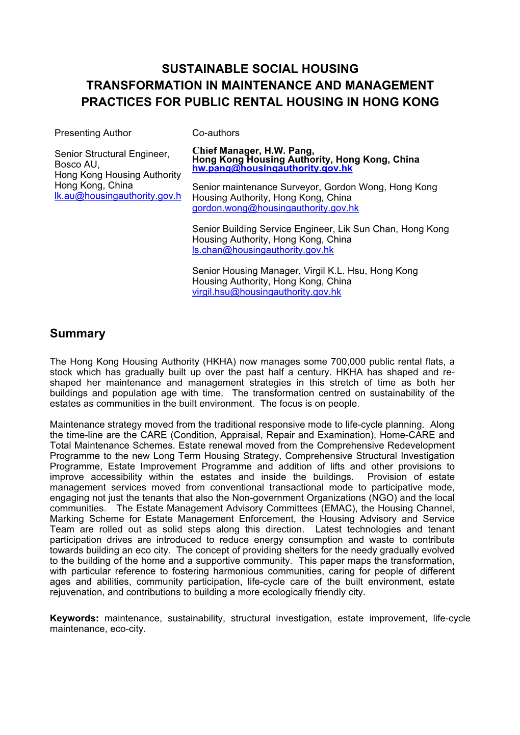 Sustainable Social Housing Transformation in Maintenance and Management Practices for Public Rental Housing in Hong Kong