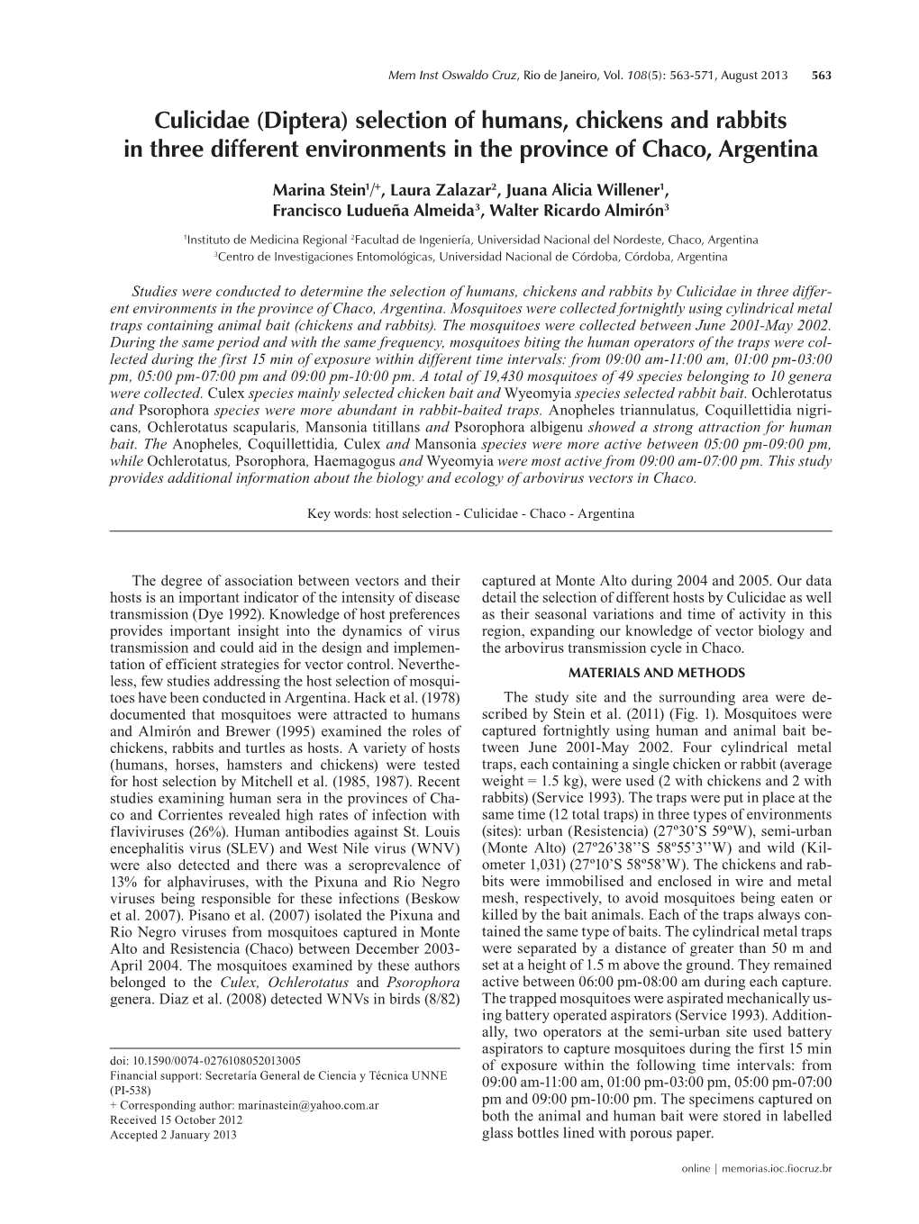 Culicidae (Diptera) Selection of Humans, Chickens and Rabbits in Three Different Environments in the Province of Chaco, Argentina