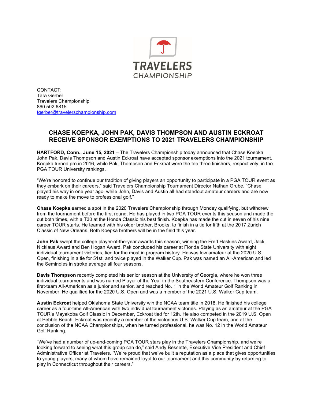 Chase Koepka, John Pak, Davis Thompson and Austin Eckroat Receive Sponsor Exemptions to 2021 Travelers Championship