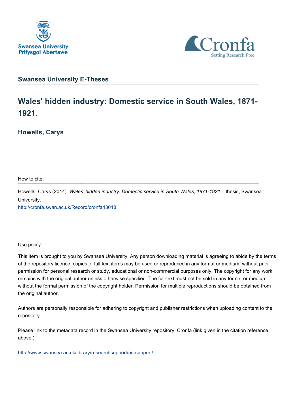 Domestic Service in South Wales, 1871- 1921