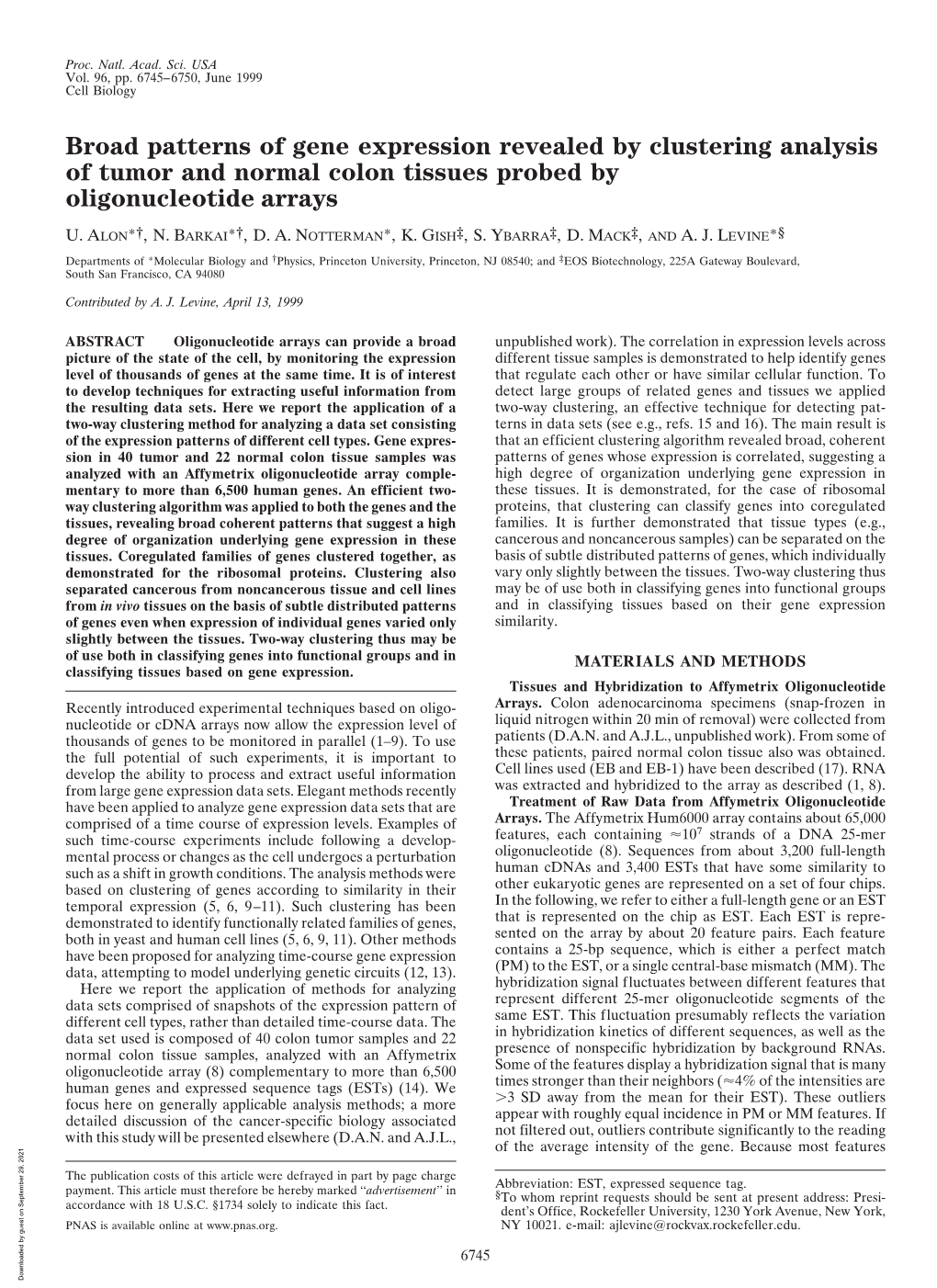 Broad Patterns of Gene Expression Revealed by Clustering Analysis of Tumor and Normal Colon Tissues Probed by Oligonucleotide Arrays