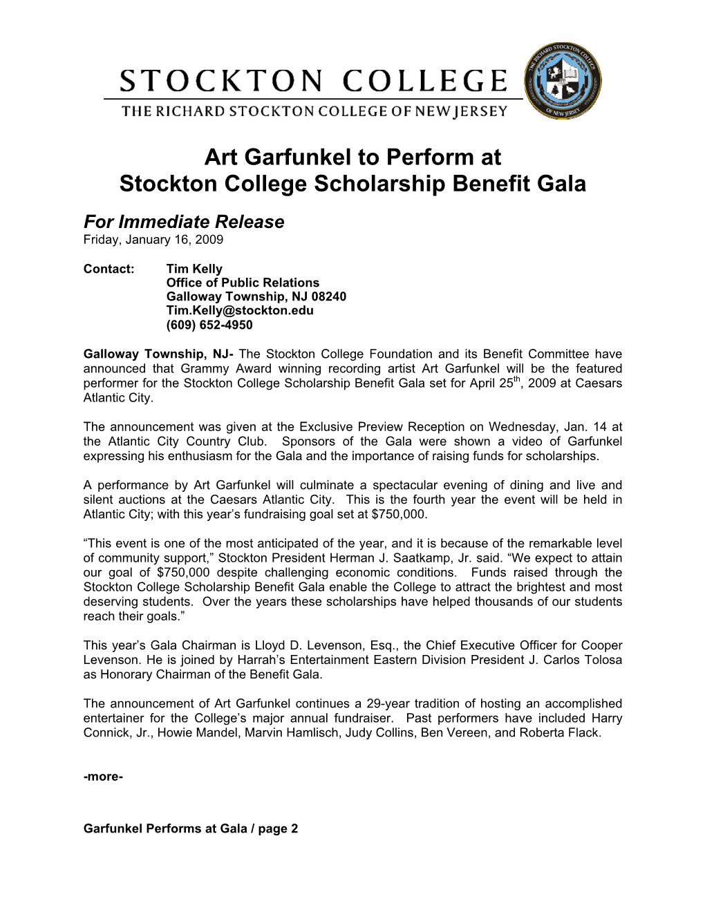 Art Garfunkel to Perform at Stockton College Scholarship Benefit Gala