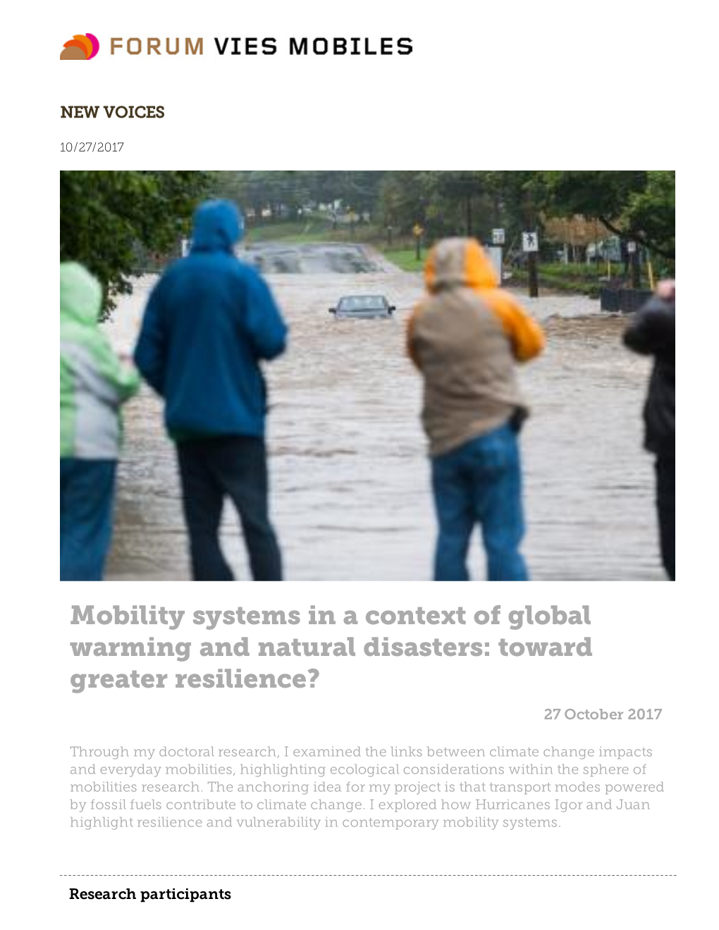 Mobility Systems in a Context of Global Warming and Natural Disasters: Toward Greater Resilience? 27 October 2017