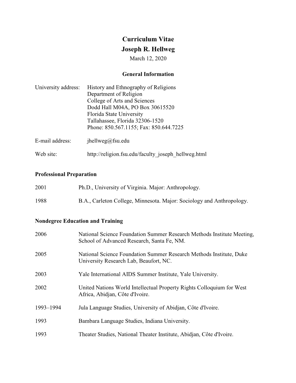 Curriculum Vitae Joseph R. Hellweg