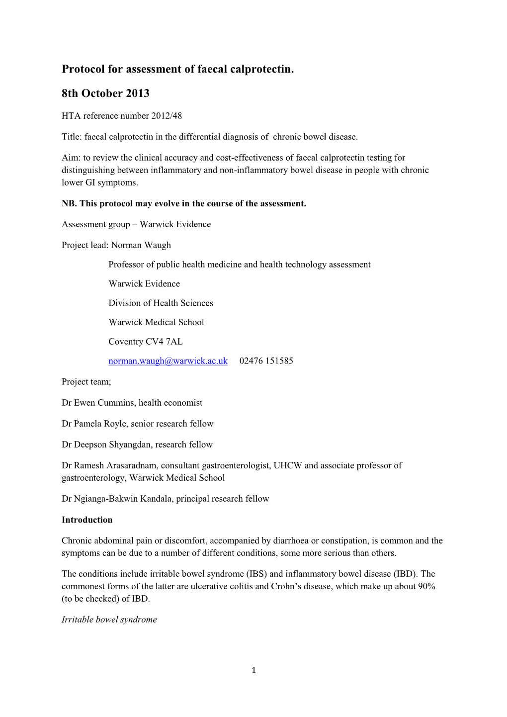 Protocol for Assessment of Faecal Calprotectin. 8Th October 2013