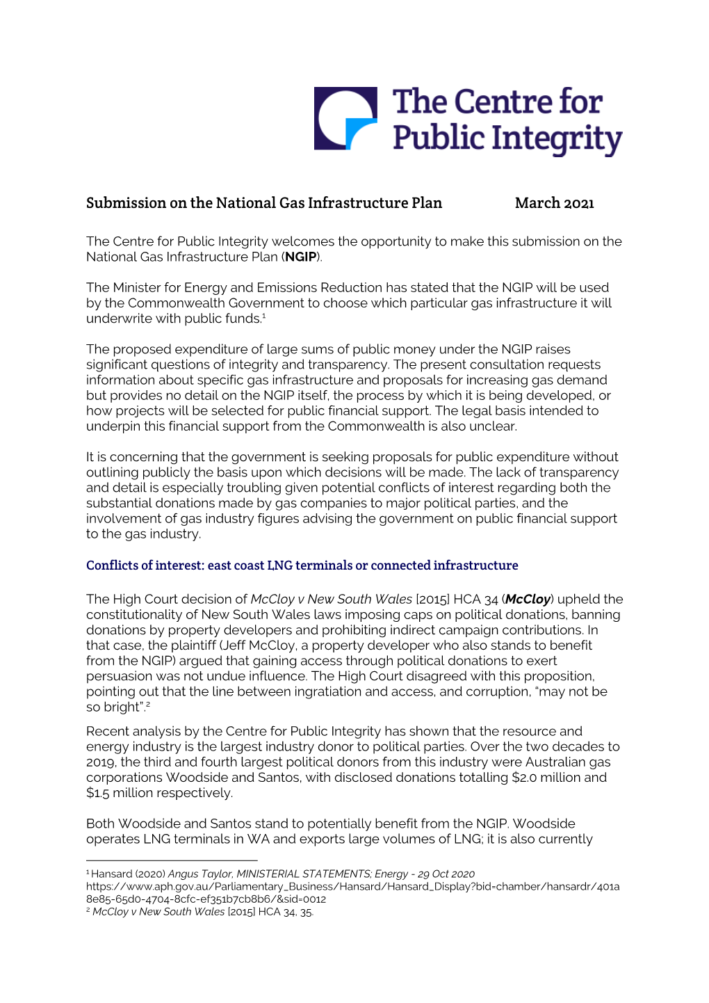 Submission on the National Gas Infrastructure Plan March 2021