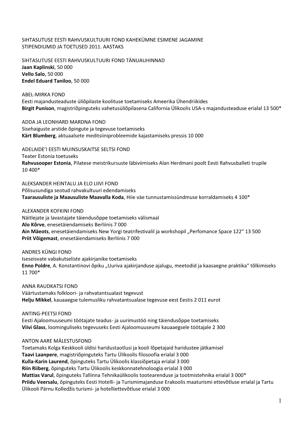 Sihtasutuse Eesti Rahvuskultuuri Fond Kahekümne Esimene Jagamine Stipendiumid Ja Toetused 2011