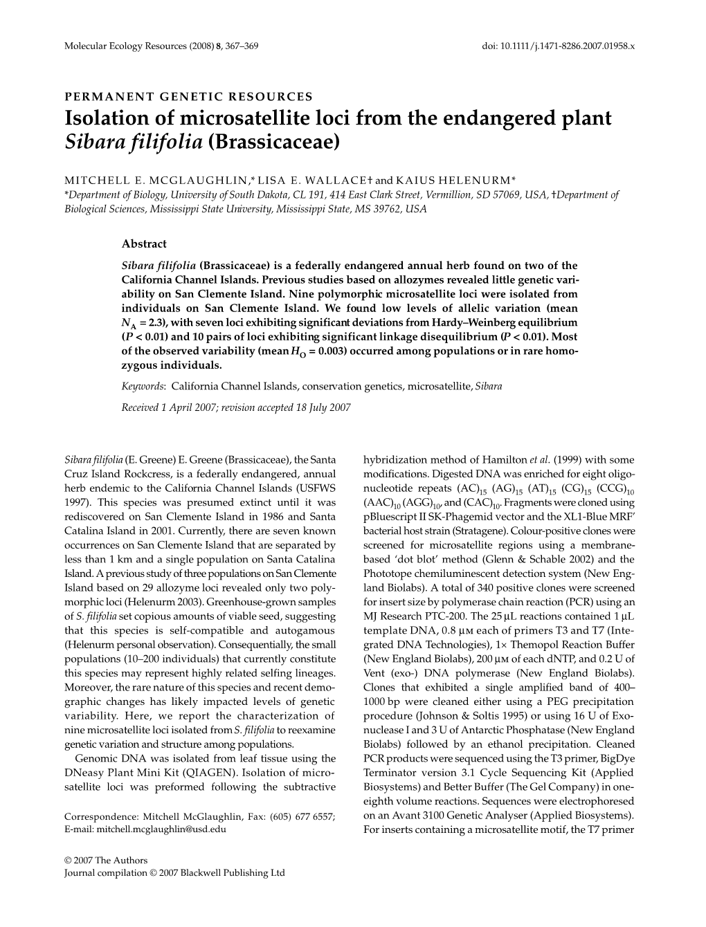 Isolation of Microsatellite Loci from the Endangered Plant Sibara Filifolia (Brassicaceae)