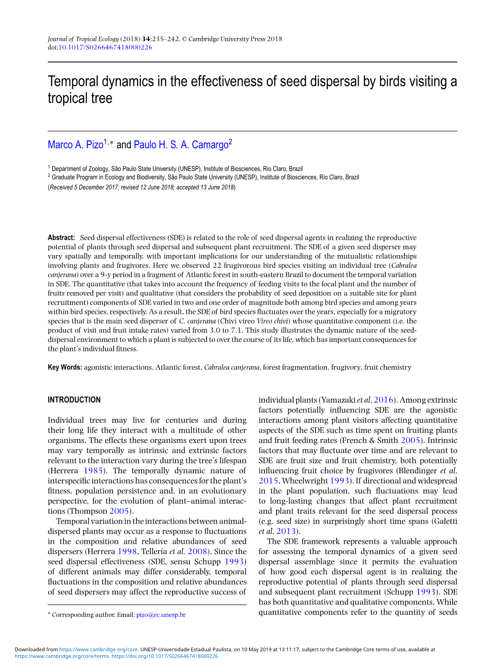 Temporal Dynamics in the Effectiveness of Seed Dispersal by Birds Visiting a Tropical Tree