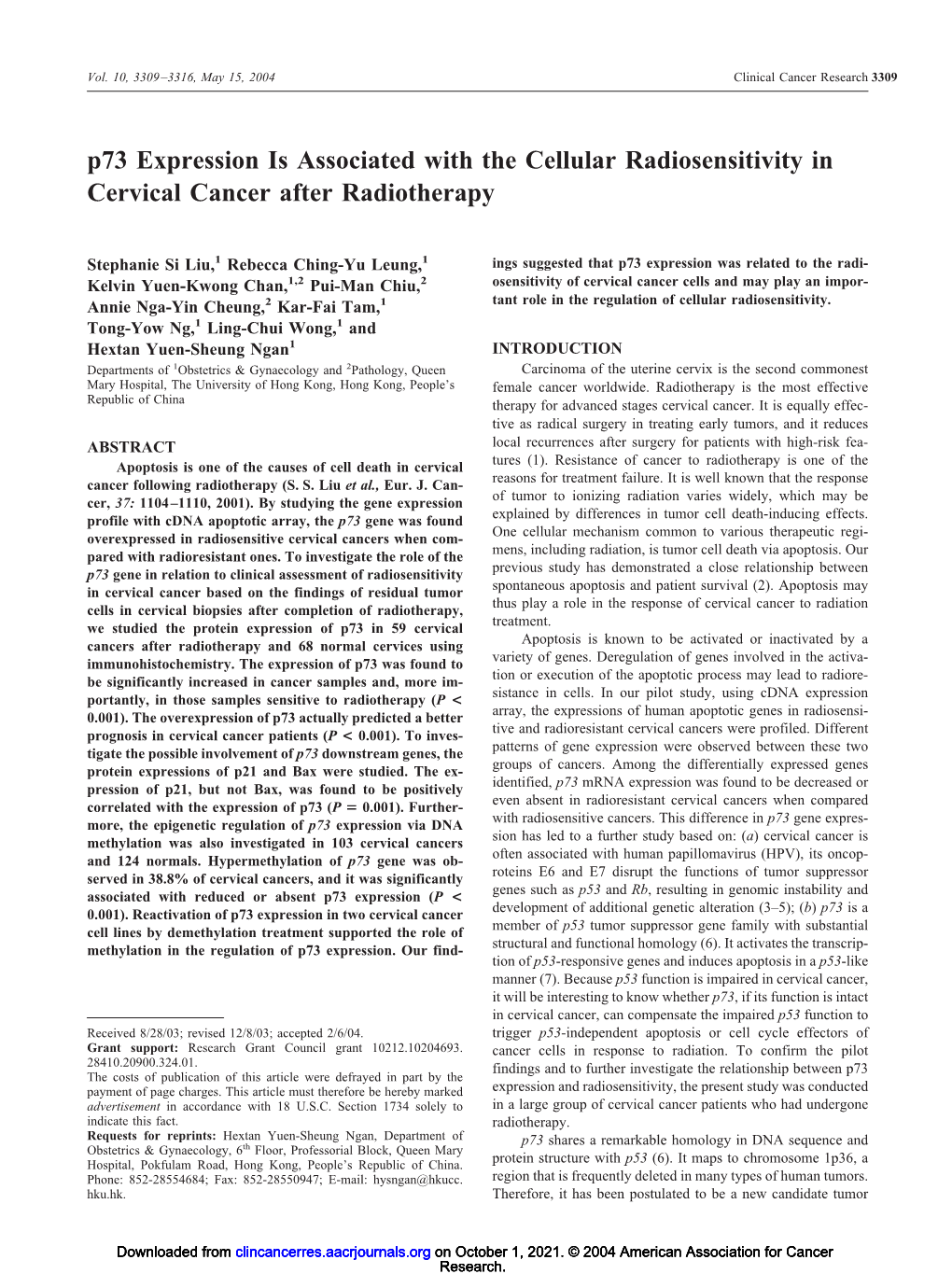 P73 Expression Is Associated with the Cellular Radiosensitivity in Cervical Cancer After Radiotherapy