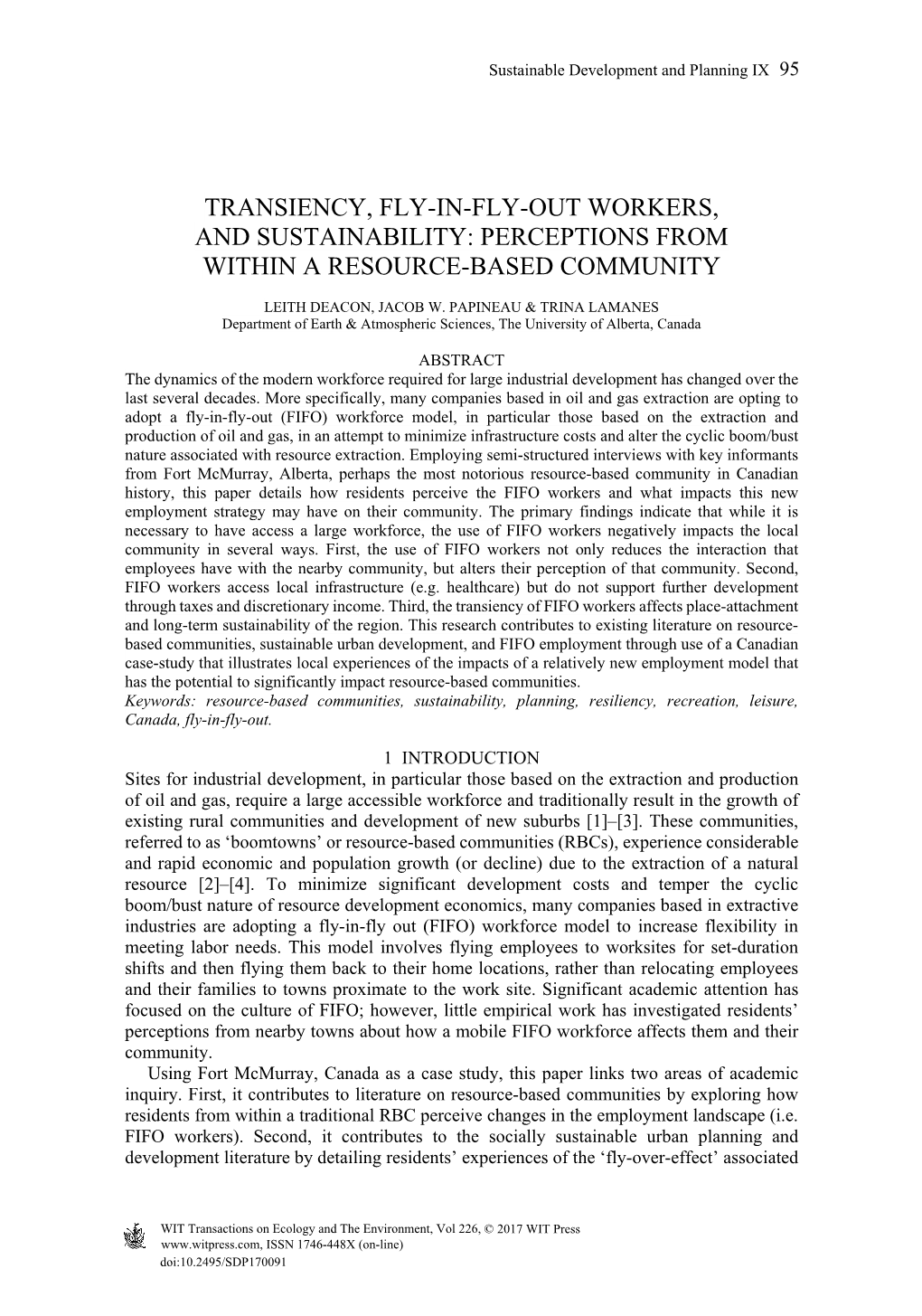 Transiency, Fly-In-Fly-Out Workers, and Sustainability: Perceptions from Within a Resource-Based Community