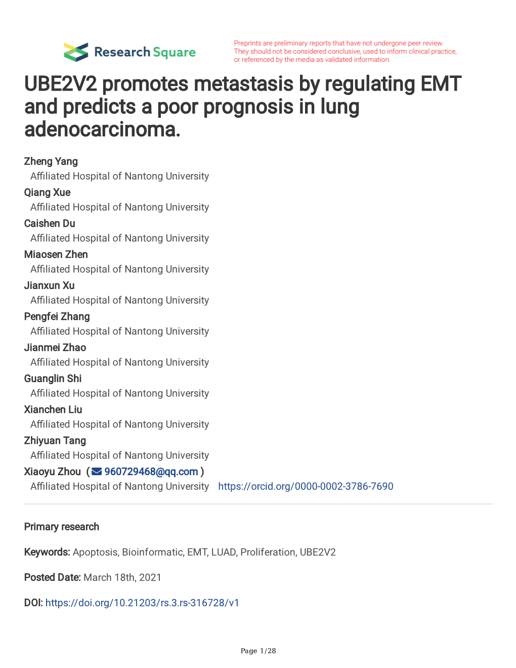 UBE2V2 Promotes Metastasis by Regulating EMT and Predicts a Poor Prognosis in Lung Adenocarcinoma
