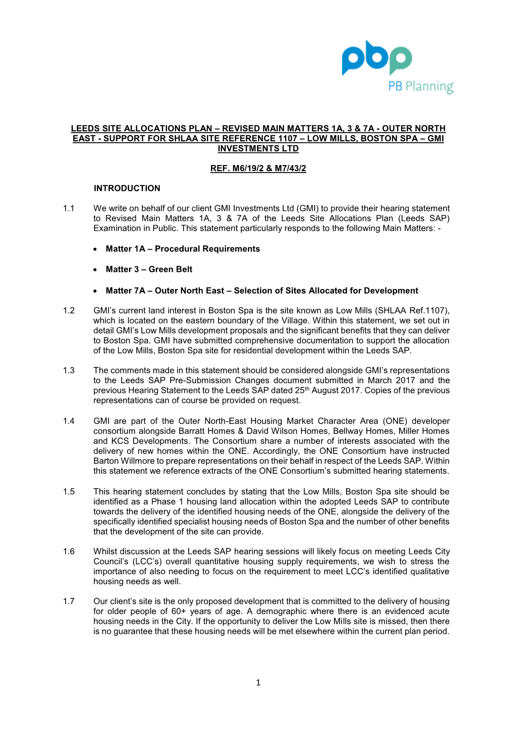 Leeds Site Allocations Plan – Revised Main Matters 1A, 3 & 7A