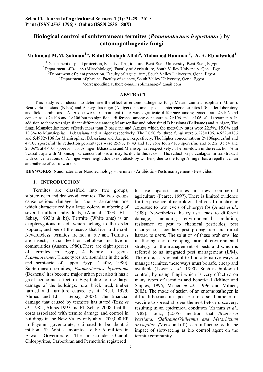 Biological Control of Subterranean Termites (Psammotermes Hypostoma ) by Entomopathogenic Fungi