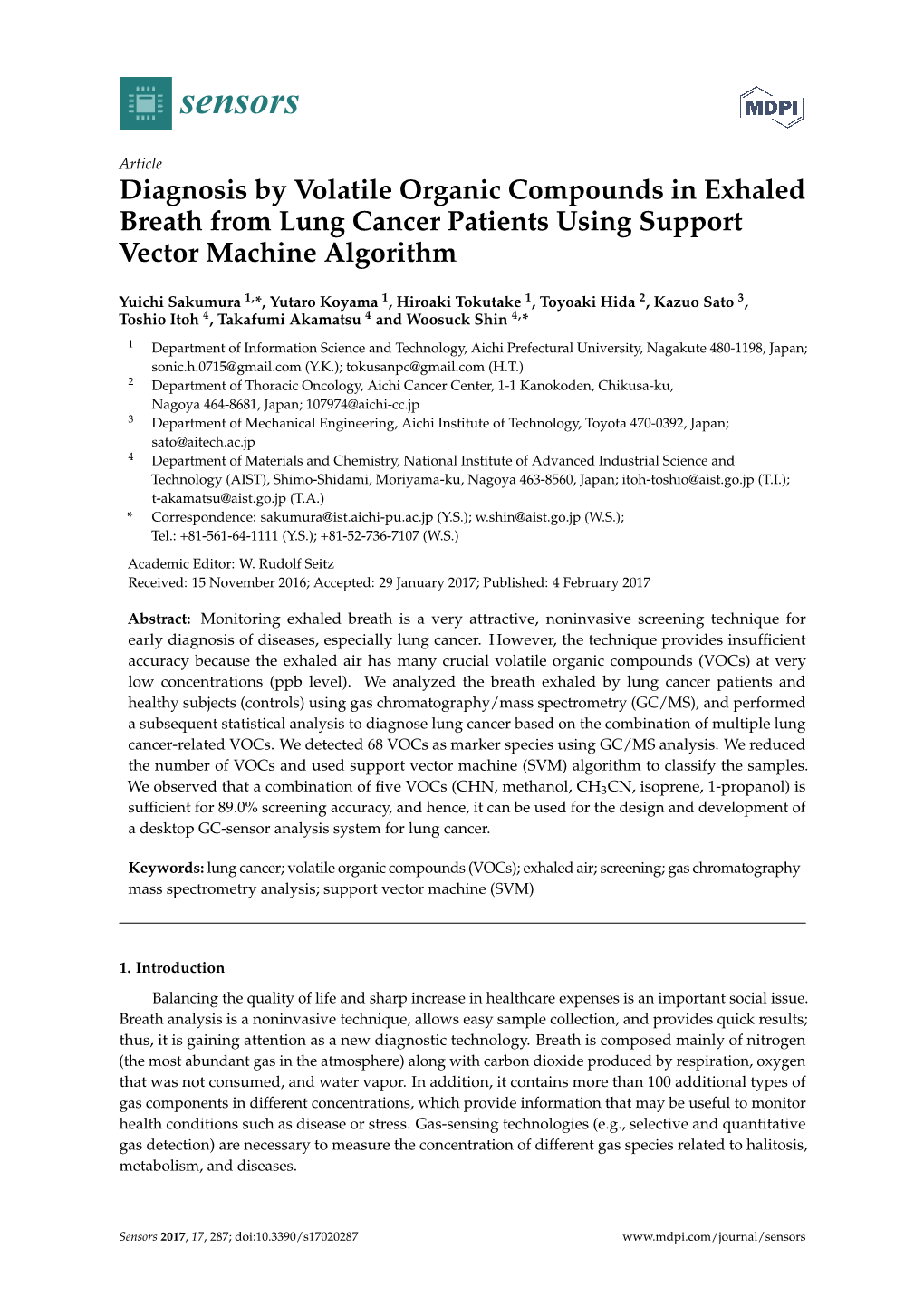 Diagnosis by Volatile Organic Compounds in Exhaled Breath from Lung Cancer Patients Using Support Vector Machine Algorithm