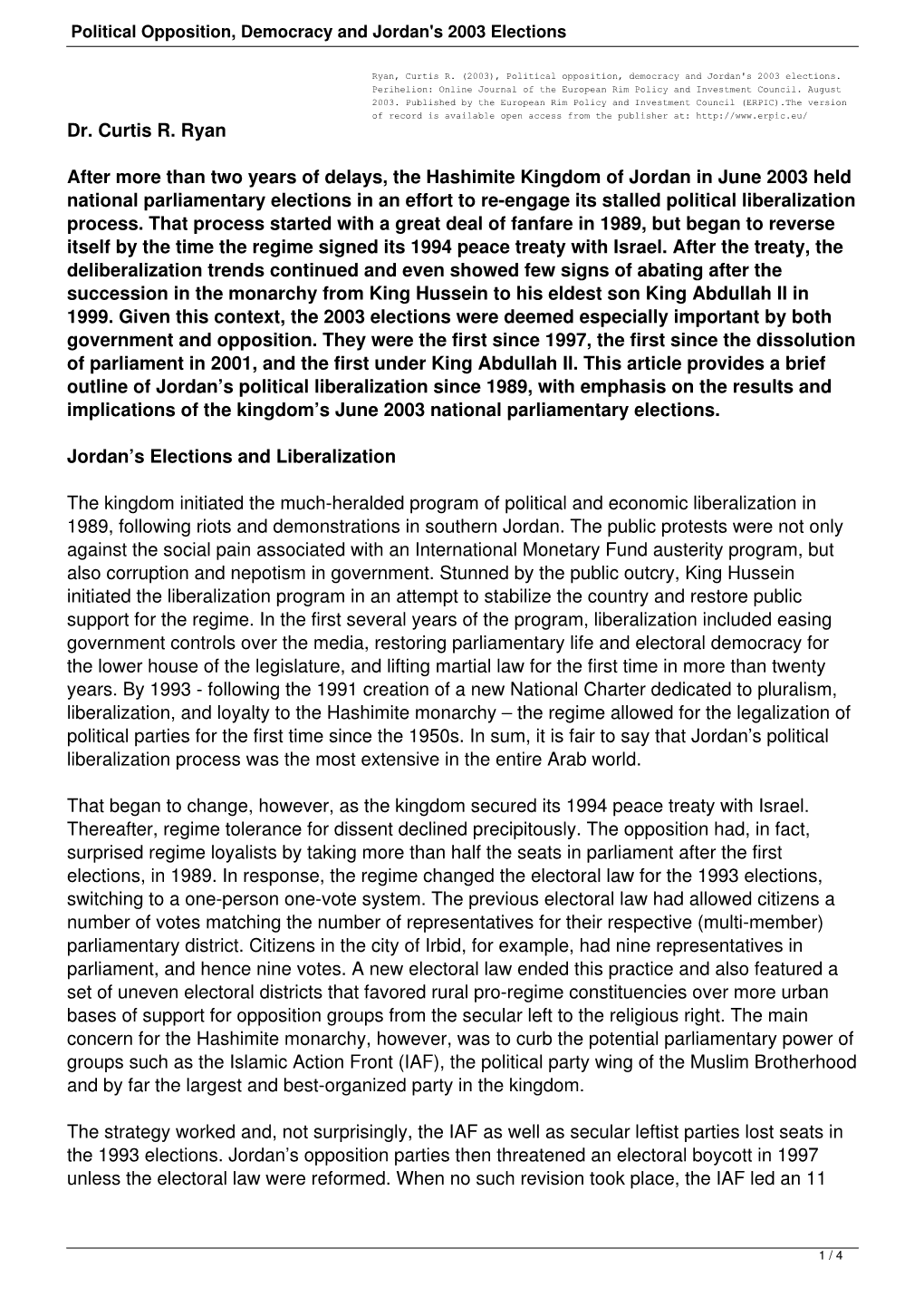 Political Opposition, Democracy and Jordan's 2003 Elections