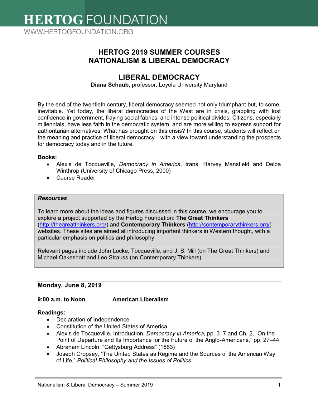 Hertog 2019 Summer Courses Nationalism & Liberal Democracy