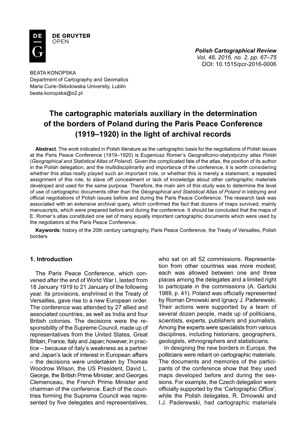 The Cartographic Materials Auxiliary in the Determination of the Borders of Poland During the Paris Peace Conference (1919–1920) in the Light of Archival Records