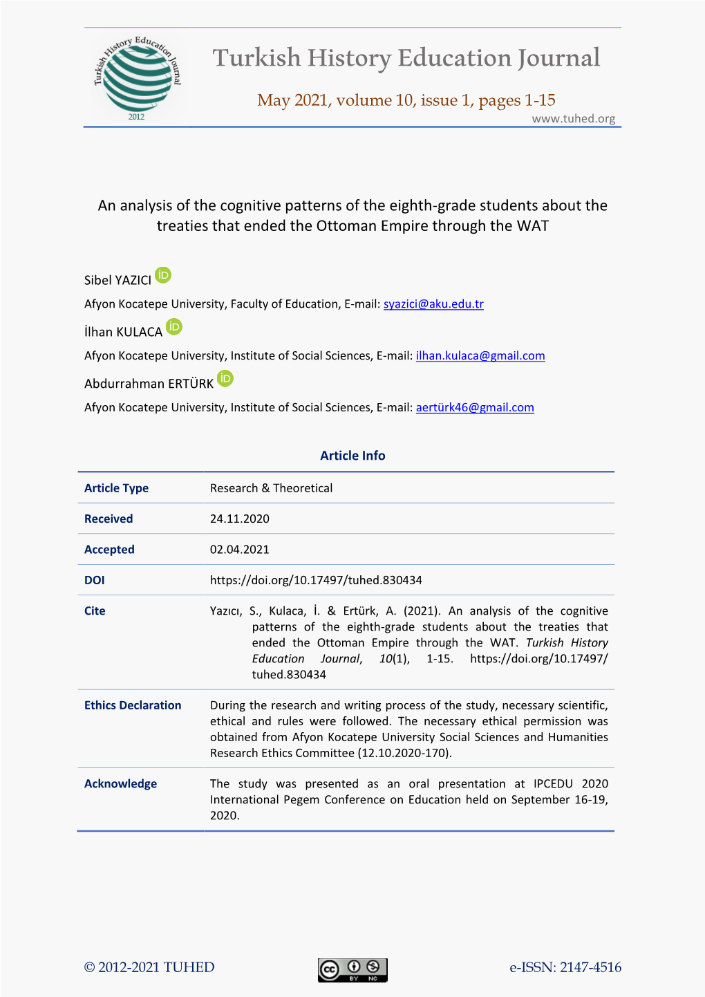 Turkish History Education Journal May 2021, Volume 10, Issue 1, Pages 1-15