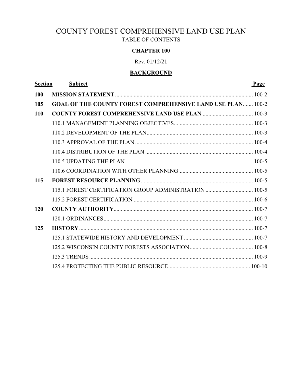 COUNTY FOREST COMPREHENSIVE LAND USE PLAN TABLE of CONTENTS CHAPTER 100 Rev