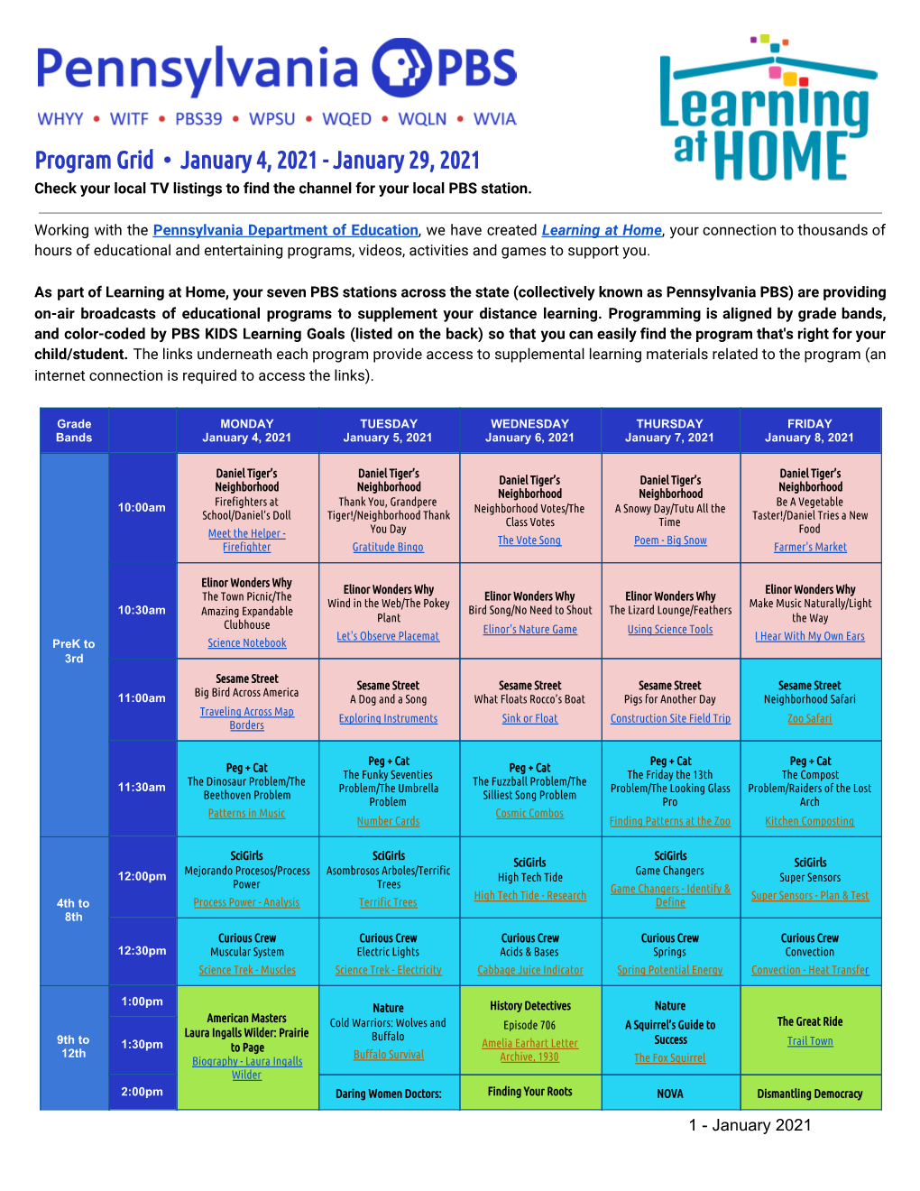 Program Grid • January 4, 2021 - January 29, 2021 Check Your Local TV Listings to Find the Channel for Your Local PBS Station